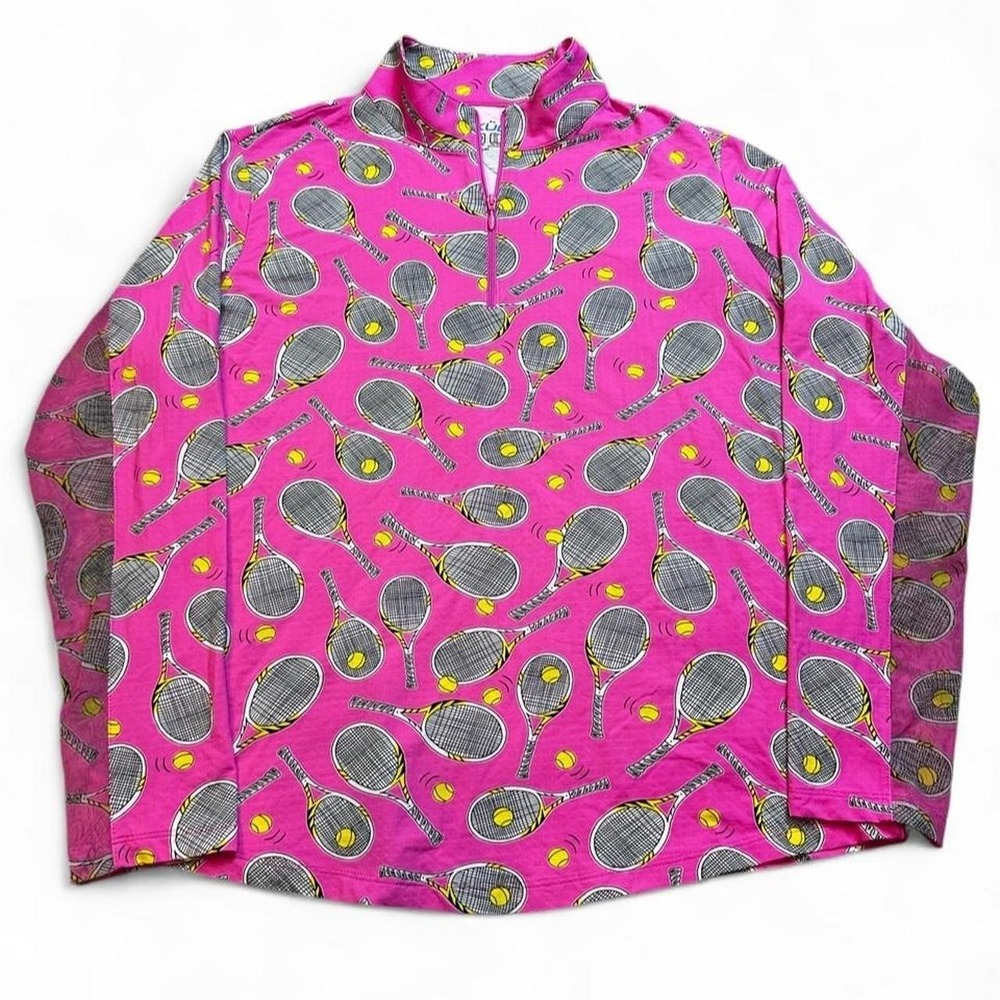 IBKUL Women's Pink Tennis Print Performance Wear UPF +50 Long Sleeve Shirt Sz XL